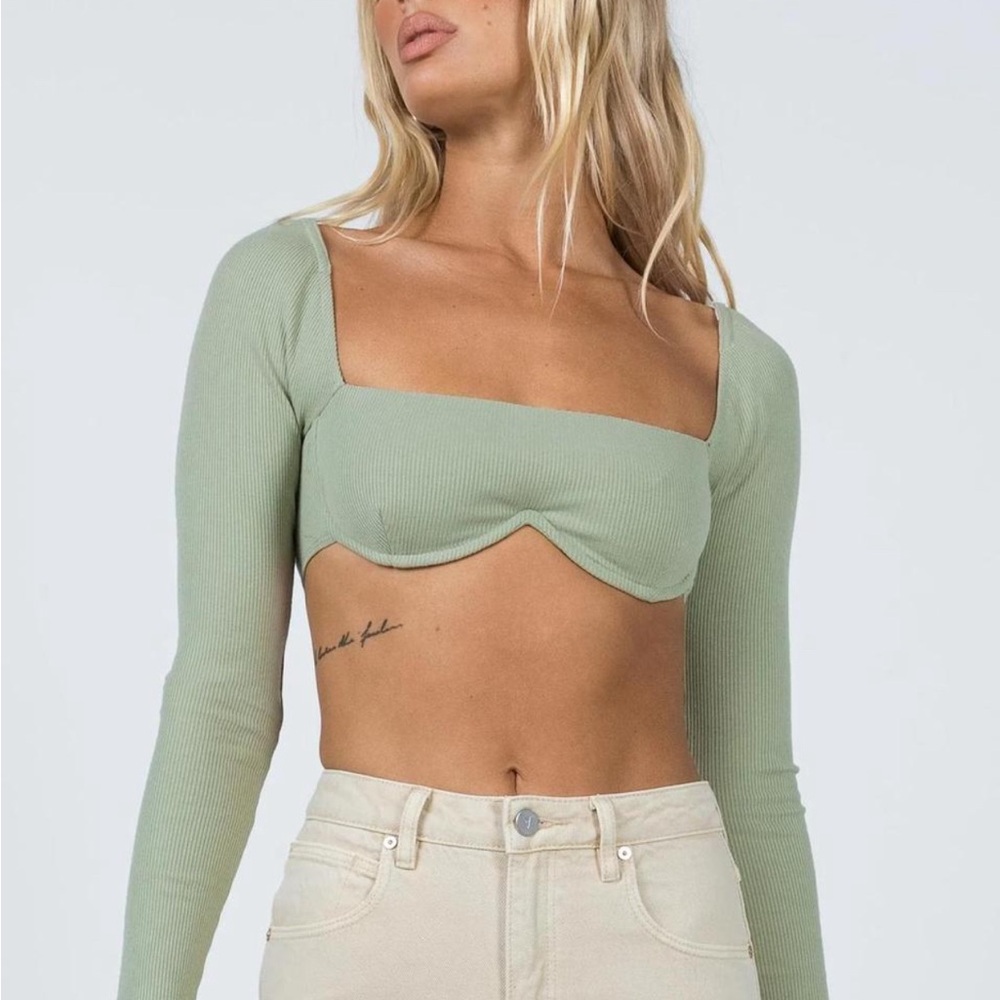 Princess Polly Light Green Long Sleeve Crop Top